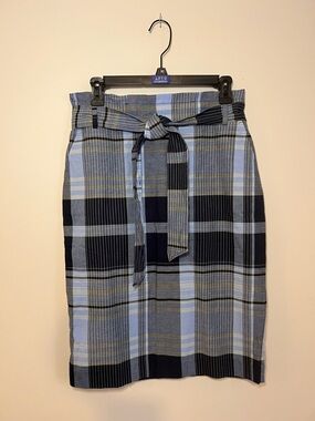 Ann Taylor Blue Plaid Tie-Waist Pencil Skirt